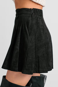 Unbothered Era Faux Suede Pleated Mini Skirt (Black) - NanaMacs