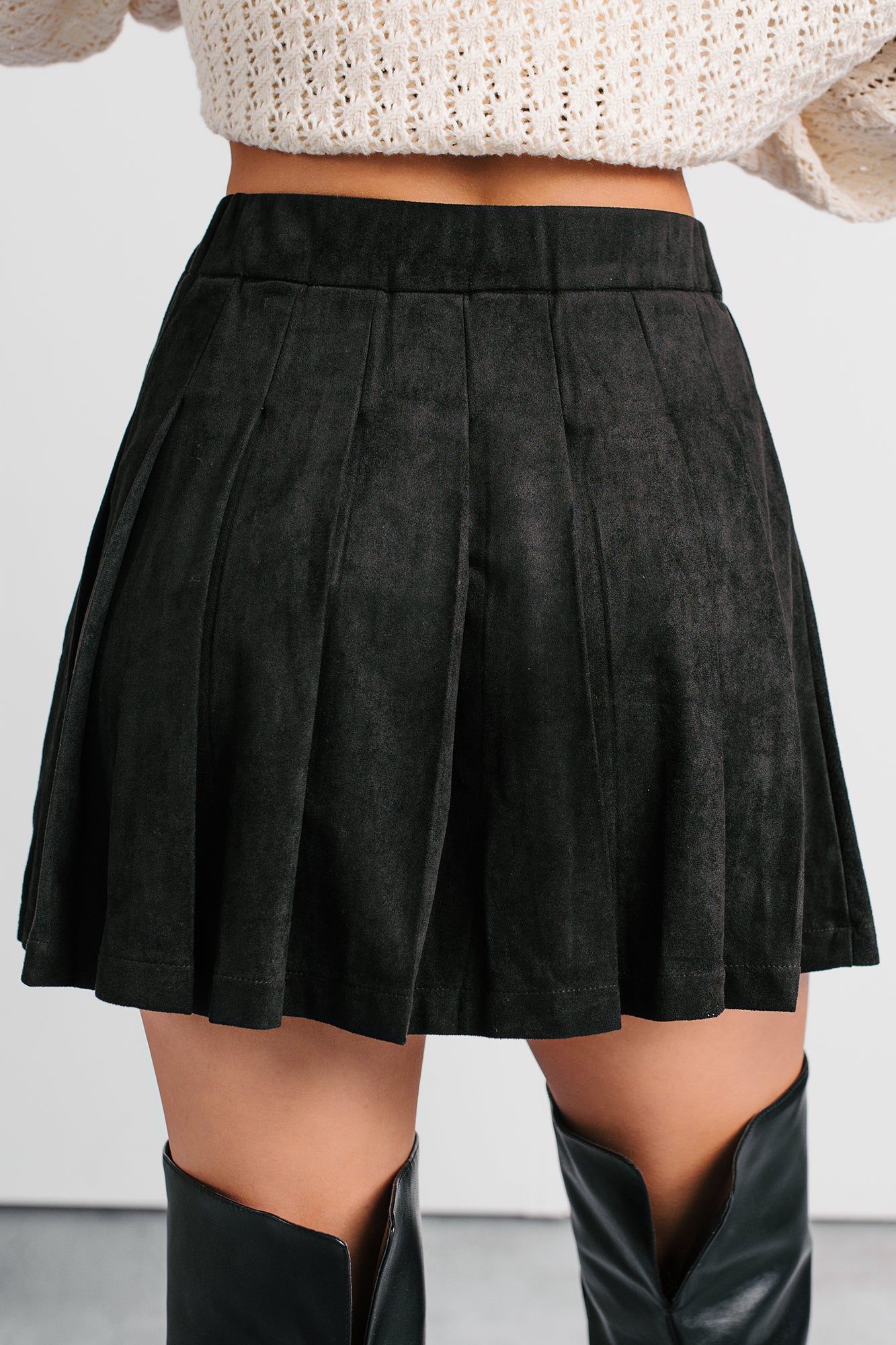 Unbothered Era Faux Suede Pleated Mini Skirt (Black) - NanaMacs