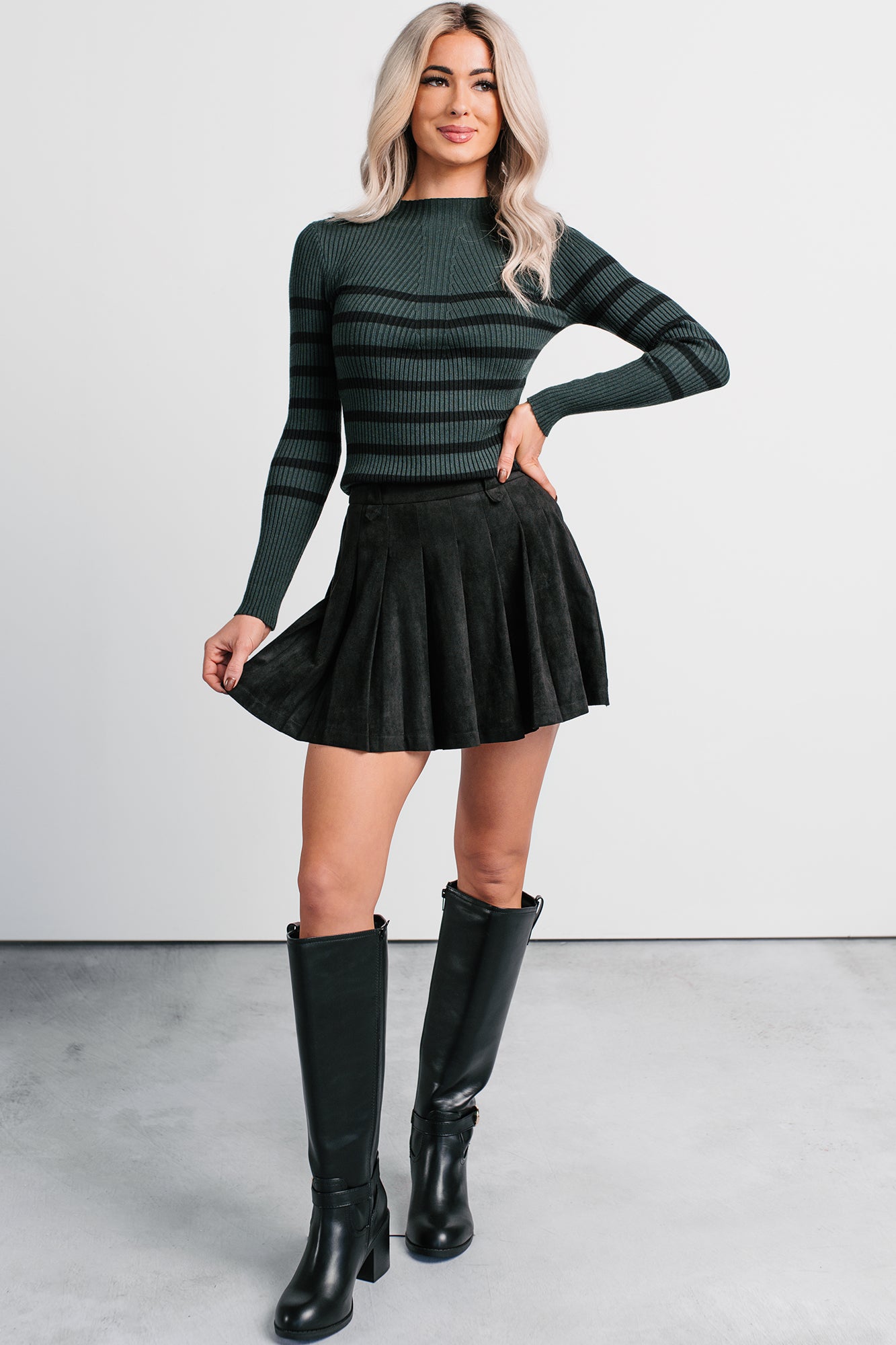 Unbothered Era Faux Suede Pleated Mini Skirt (Black) - NanaMacs