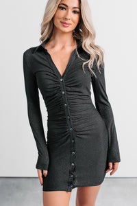 Her Way Metallic Button-Front Mini Dress (Black) - NanaMacs