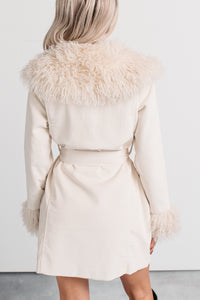 Power Pretty Fur Detailed Waist Tie Jacket (Sand) - NanaMacs
