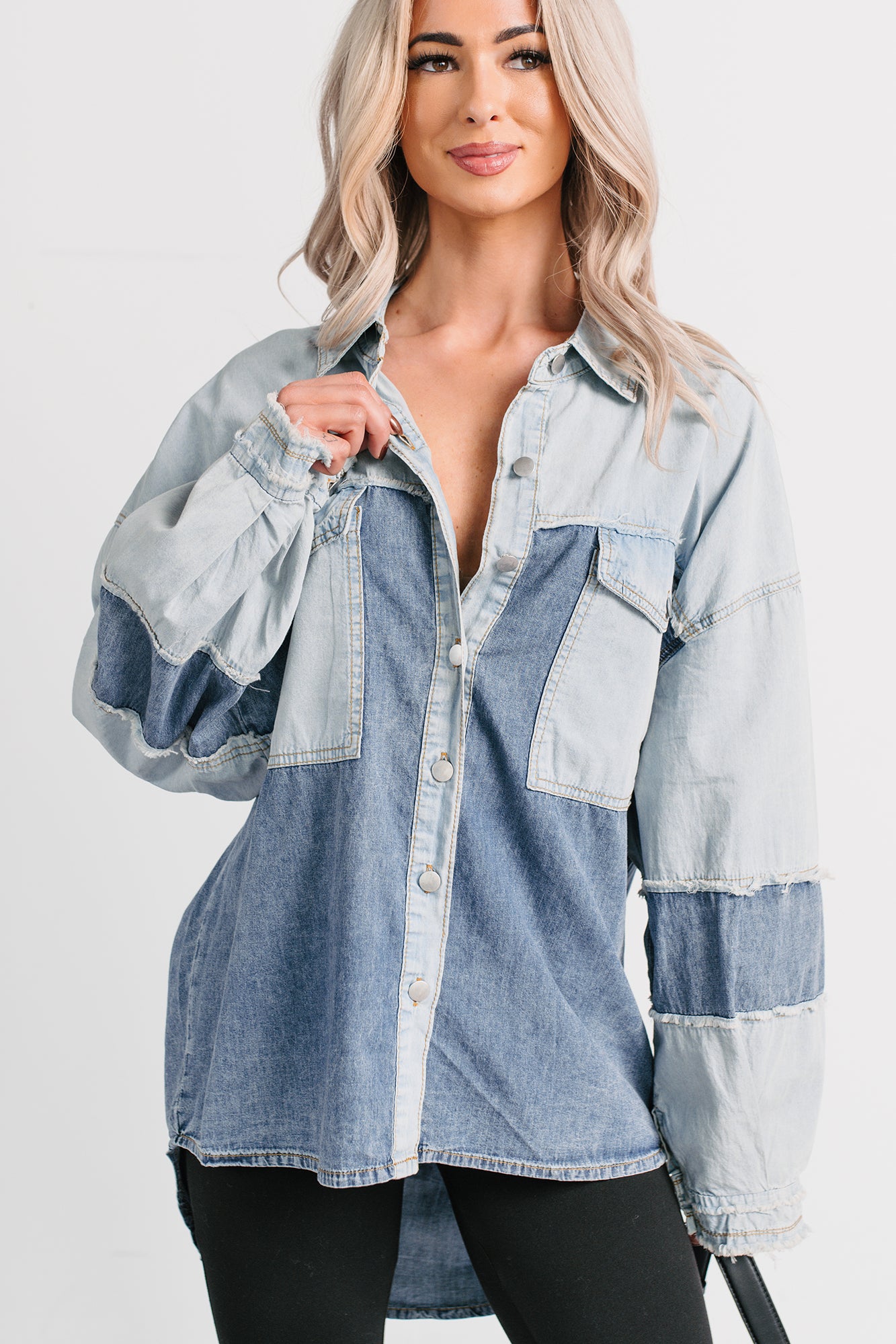 Laugh Lines Raw Seam Denim Shacket (Denim Multi) - NanaMacs