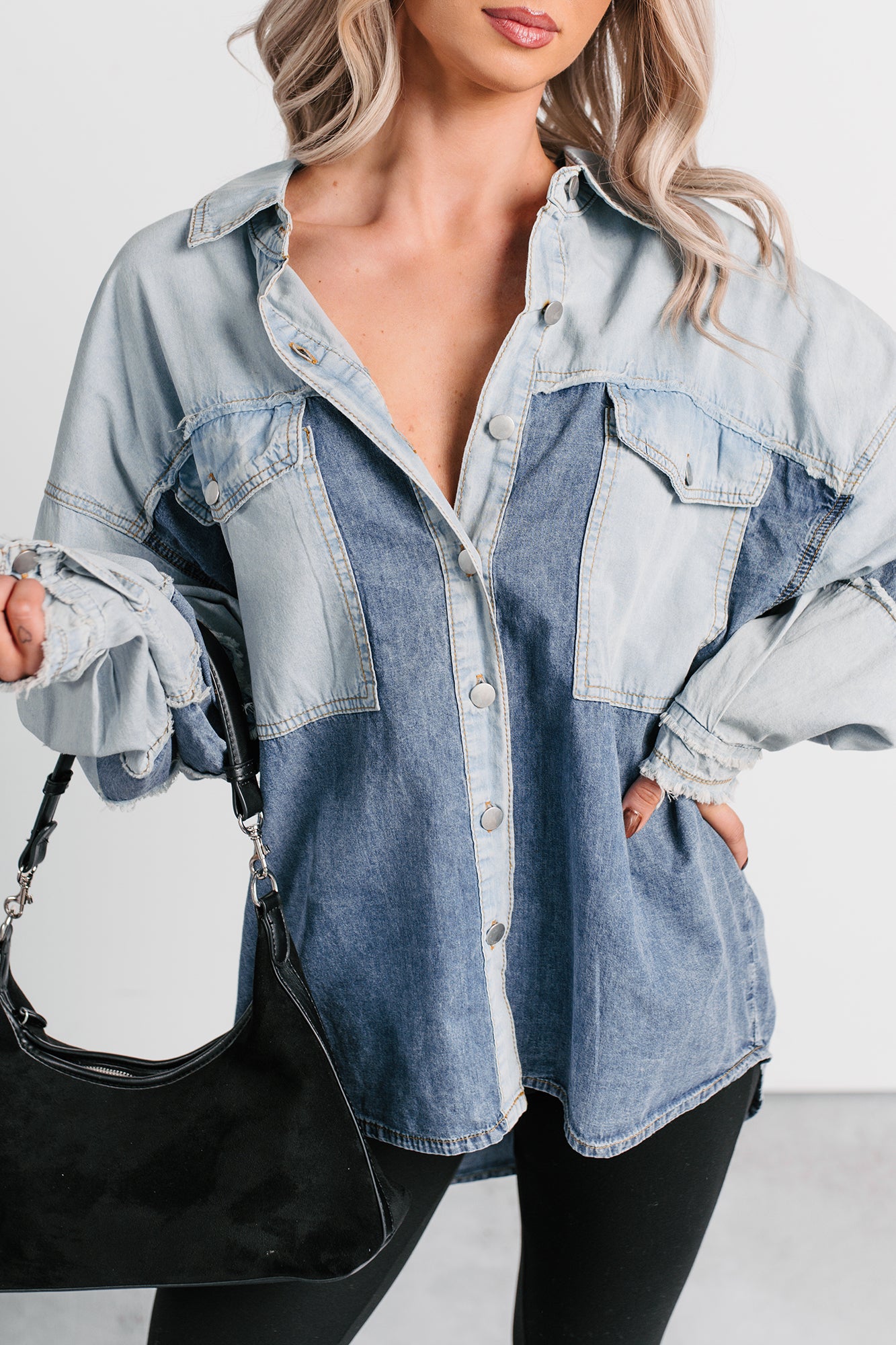 Laugh Lines Raw Seam Denim Shacket (Denim Multi) - NanaMacs