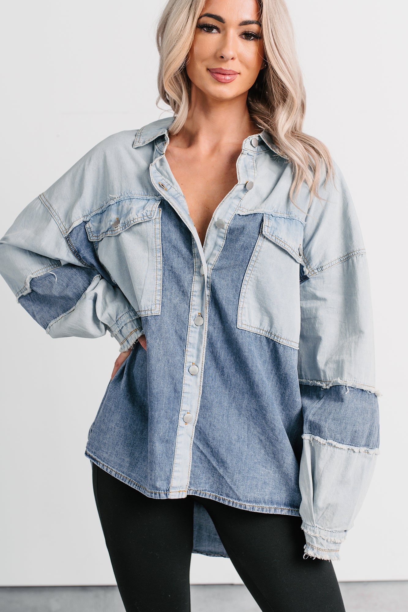 Laugh Lines Raw Seam Denim Shacket (Denim Multi) - NanaMacs