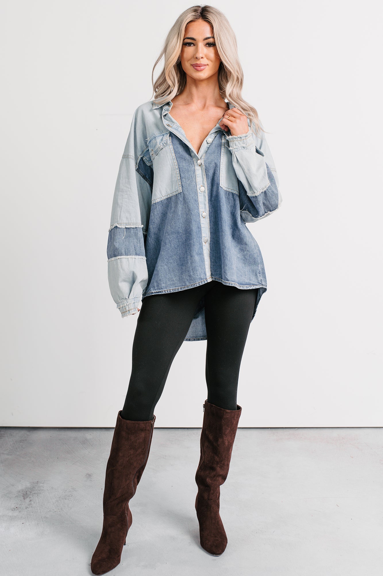 Laugh Lines Raw Seam Denim Shacket (Denim Multi) - NanaMacs