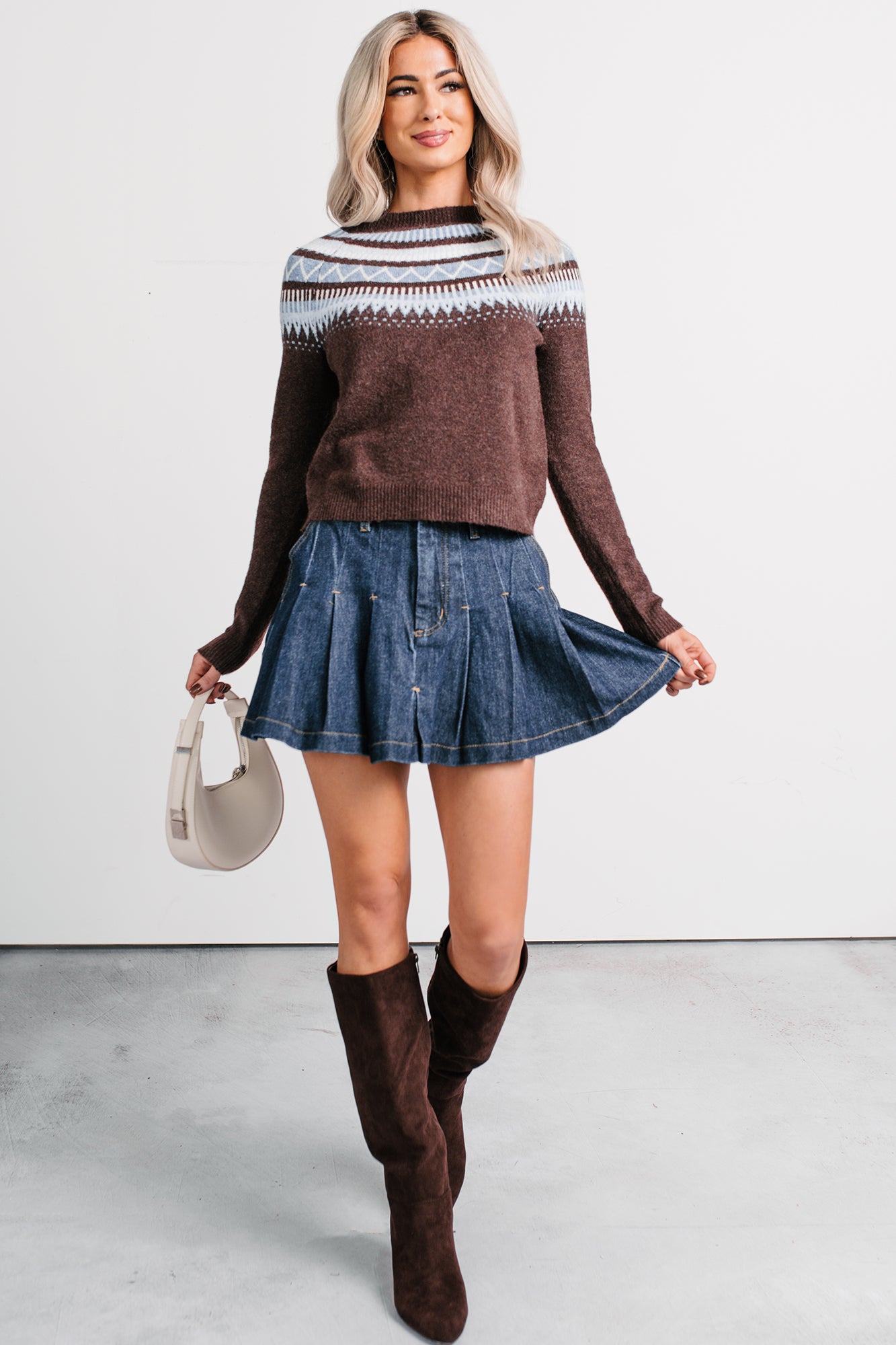 Could Be Us Pleated Glittery Denim Mini Skirt (Indigo) - NanaMacs