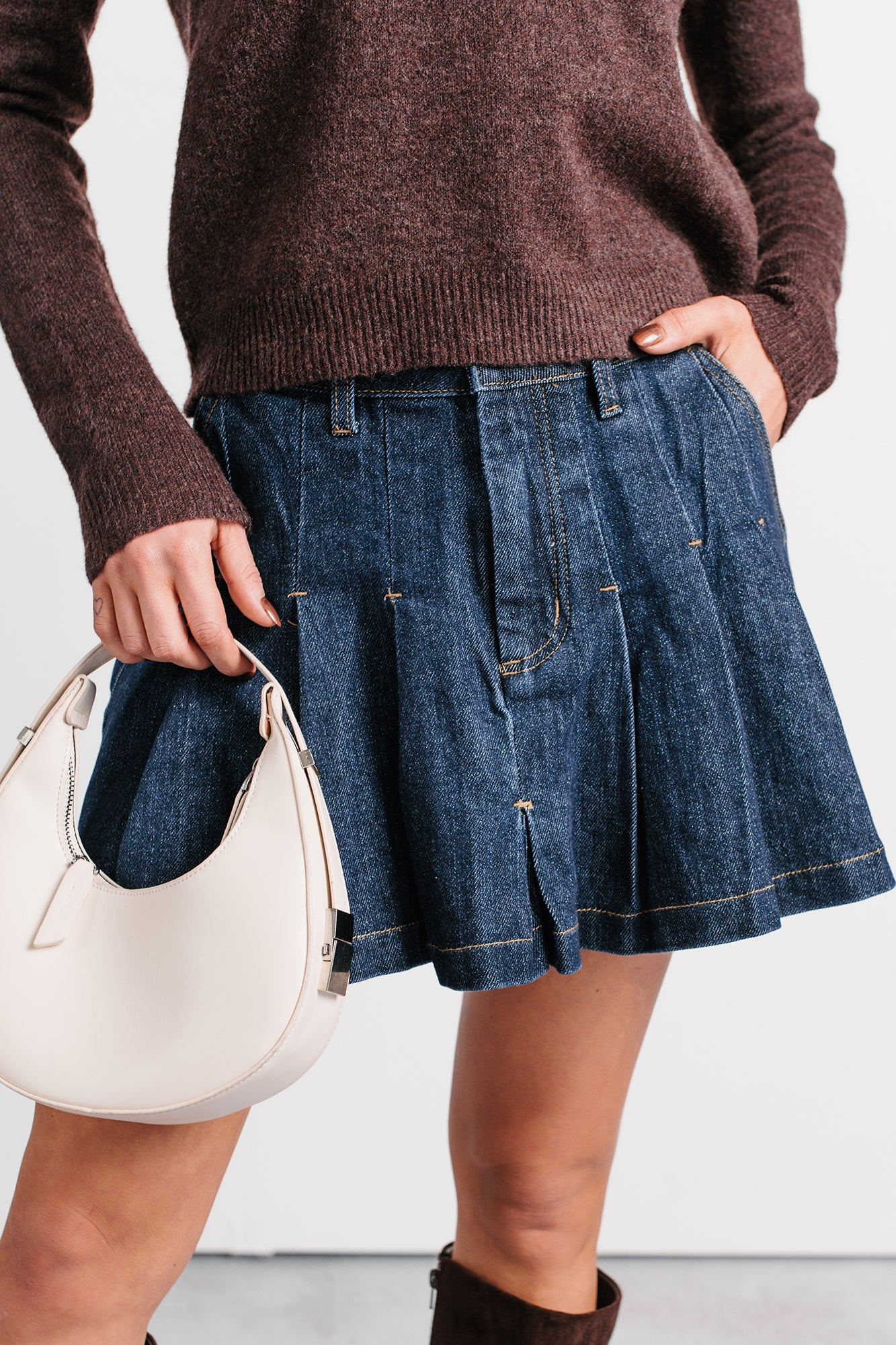 Could Be Us Pleated Glittery Denim Mini Skirt (Indigo) - NanaMacs