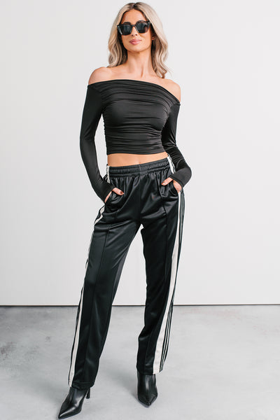 Rosy Reality Boat Neck Long Sleeve Crop Top (Black)