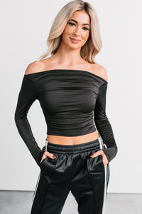 Rosy Reality Boat Neck Long Sleeve Crop Top (Black) - NanaMacs