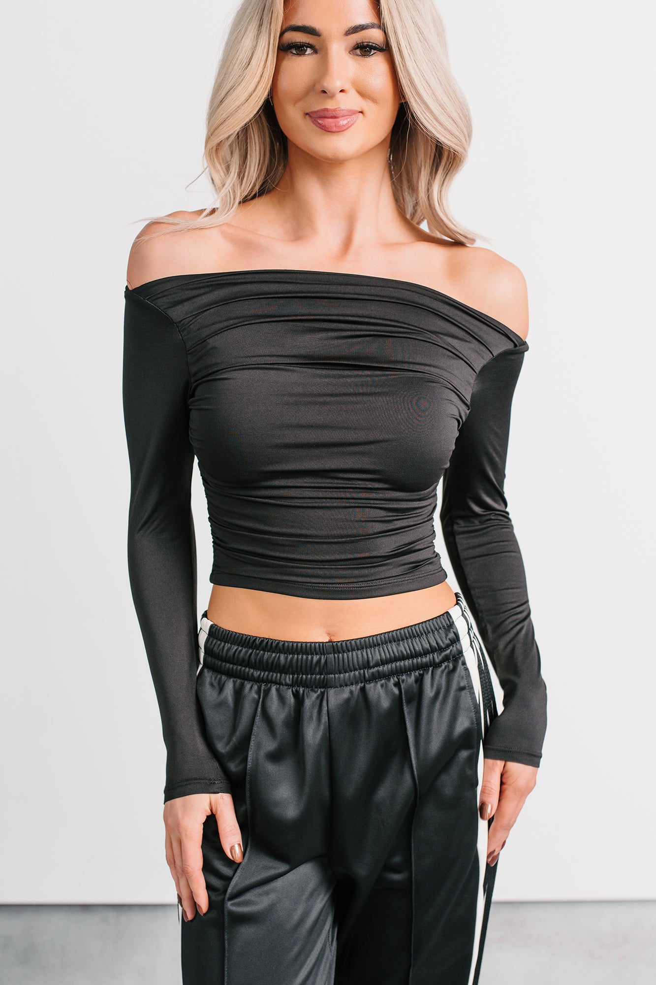 Rosy Reality Boat Neck Long Sleeve Crop Top (Black) · NanaMacs