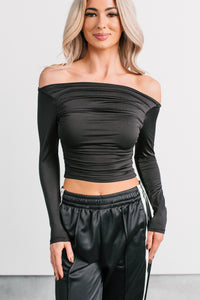 Rosy Reality Boat Neck Long Sleeve Crop Top (Black) - NanaMacs
