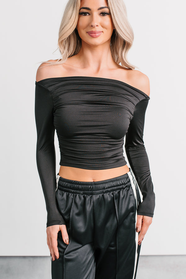 Rosy Reality Boat Neck Long Sleeve Crop Top (Black)