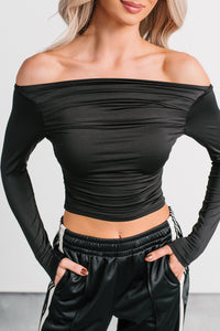 Rosy Reality Boat Neck Long Sleeve Crop Top (Black) - NanaMacs