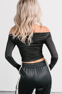 Rosy Reality Boat Neck Long Sleeve Crop Top (Black) - NanaMacs
