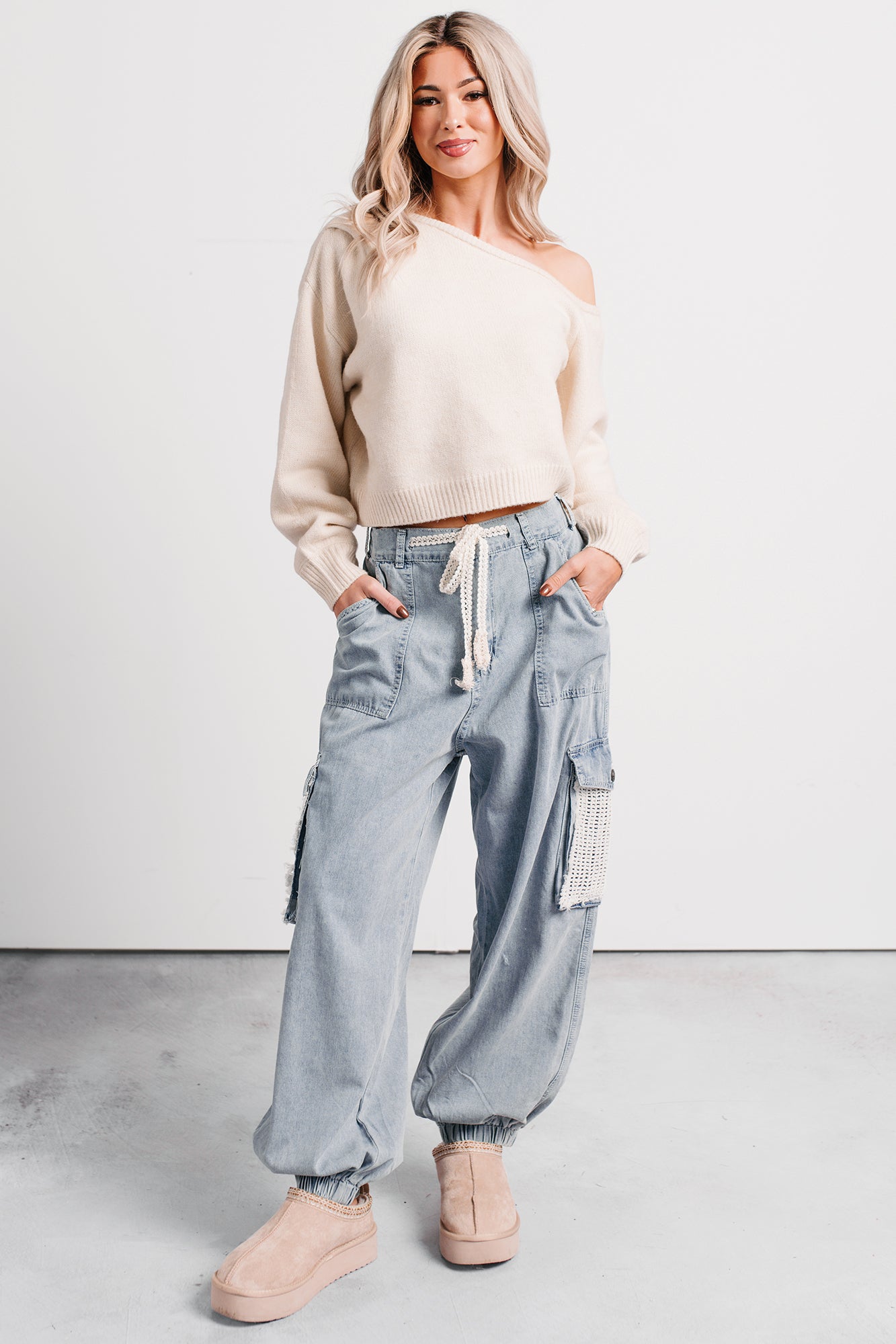 Sweet Melody Crochet Denim POL Joggers (Light Denim) - NanaMacs