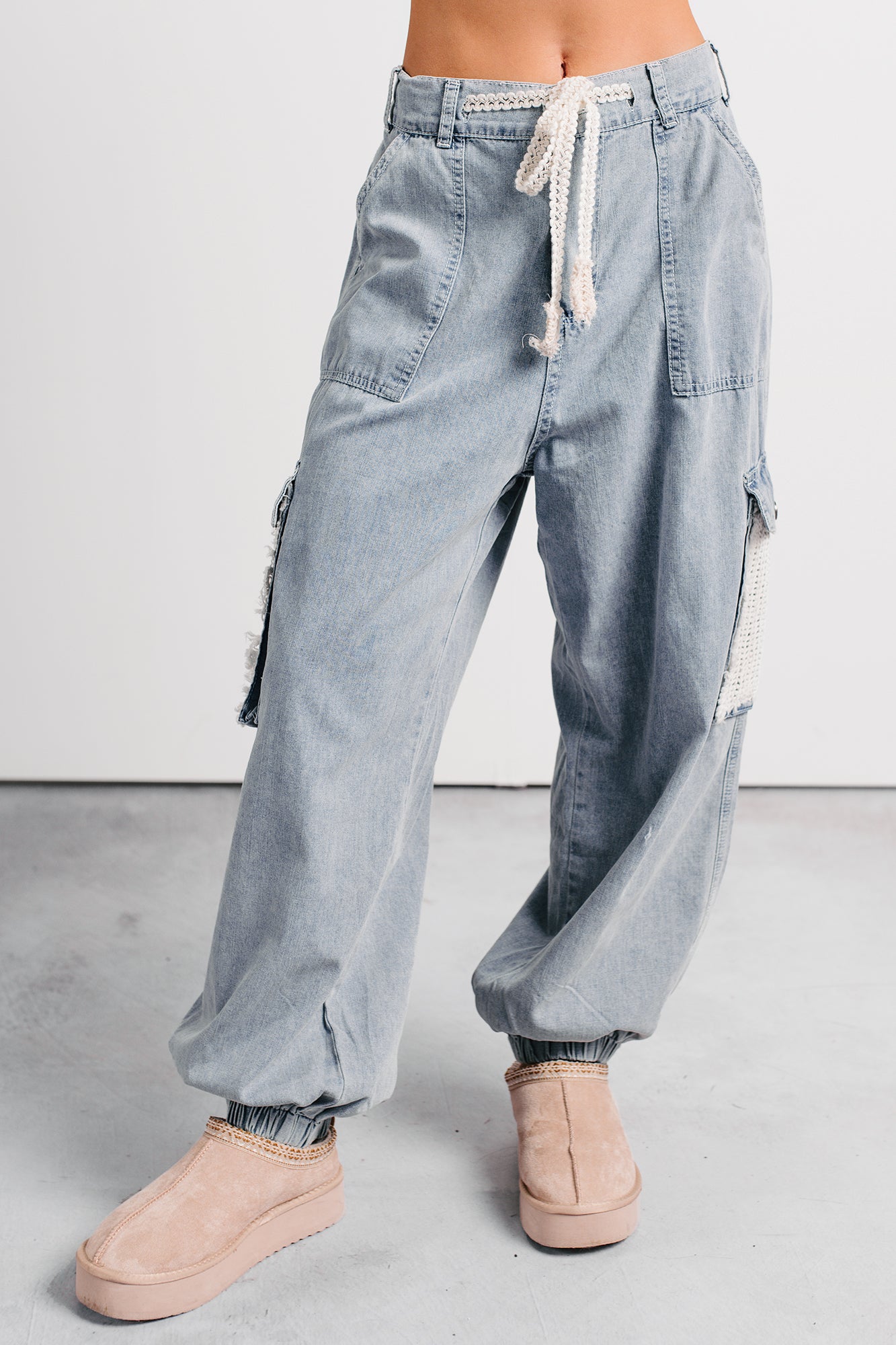 Sweet Melody Crochet Denim POL Joggers (Light Denim) - NanaMacs