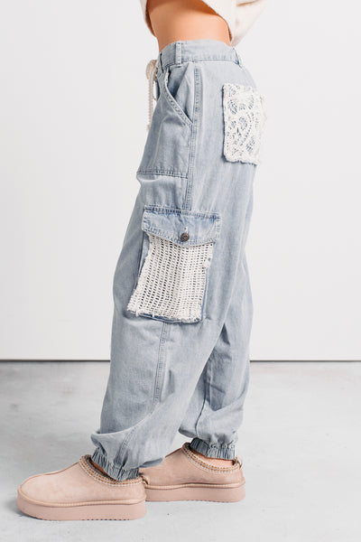 Sweet Melody Crochet Denim POL Joggers (Light Denim) - NanaMacs