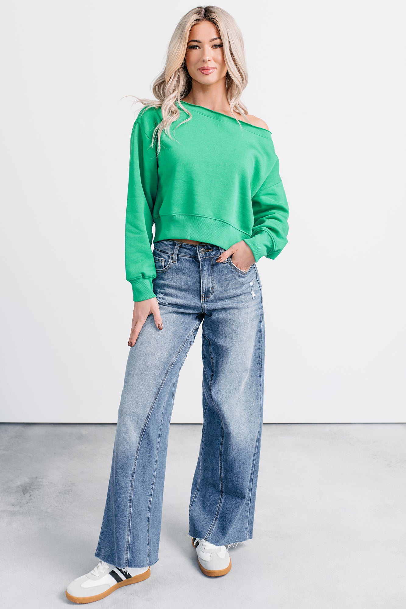 Hearts Full Long Sleeve Boat-Neck Sweater (Green) - NanaMacs