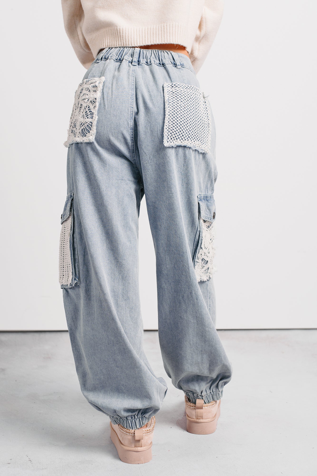 Sweet Melody Crochet Denim POL Joggers (Light Denim) - NanaMacs