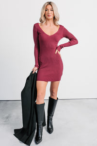 Weekend Ready Deep V-Neck Mini Dress (Burgundy) - NanaMacs