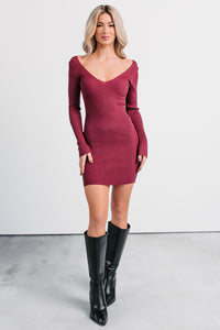 Weekend Ready Deep V-Neck Mini Dress (Burgundy) - NanaMacs