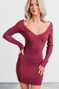 Weekend Ready Deep V-Neck Mini Dress (Burgundy) - NanaMacs