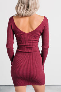 Weekend Ready Deep V-Neck Mini Dress (Burgundy) - NanaMacs