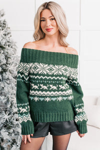 Sweet Stitches Fair Isle Off Shoulder Sweater (Hunter Green) - NanaMacs