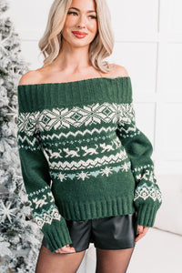 Sweet Stitches Fair Isle Off Shoulder Sweater (Hunter Green) - NanaMacs