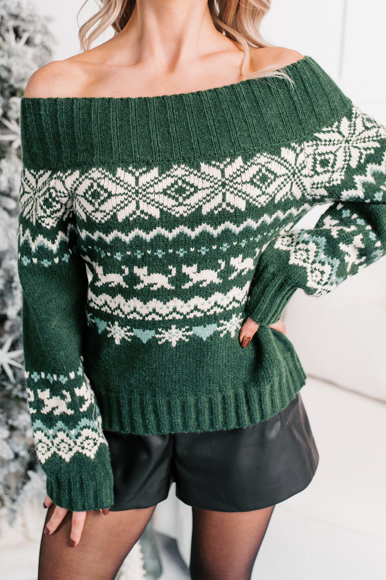 Sweet Stitches Fair Isle Off Shoulder Sweater (Hunter Green) - NanaMacs
