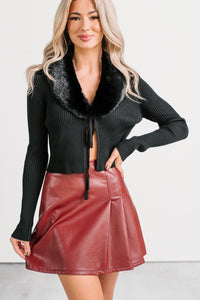 Say It Back Faux Fur Collar Knit Sweater Cardigan (Black) - NanaMacs