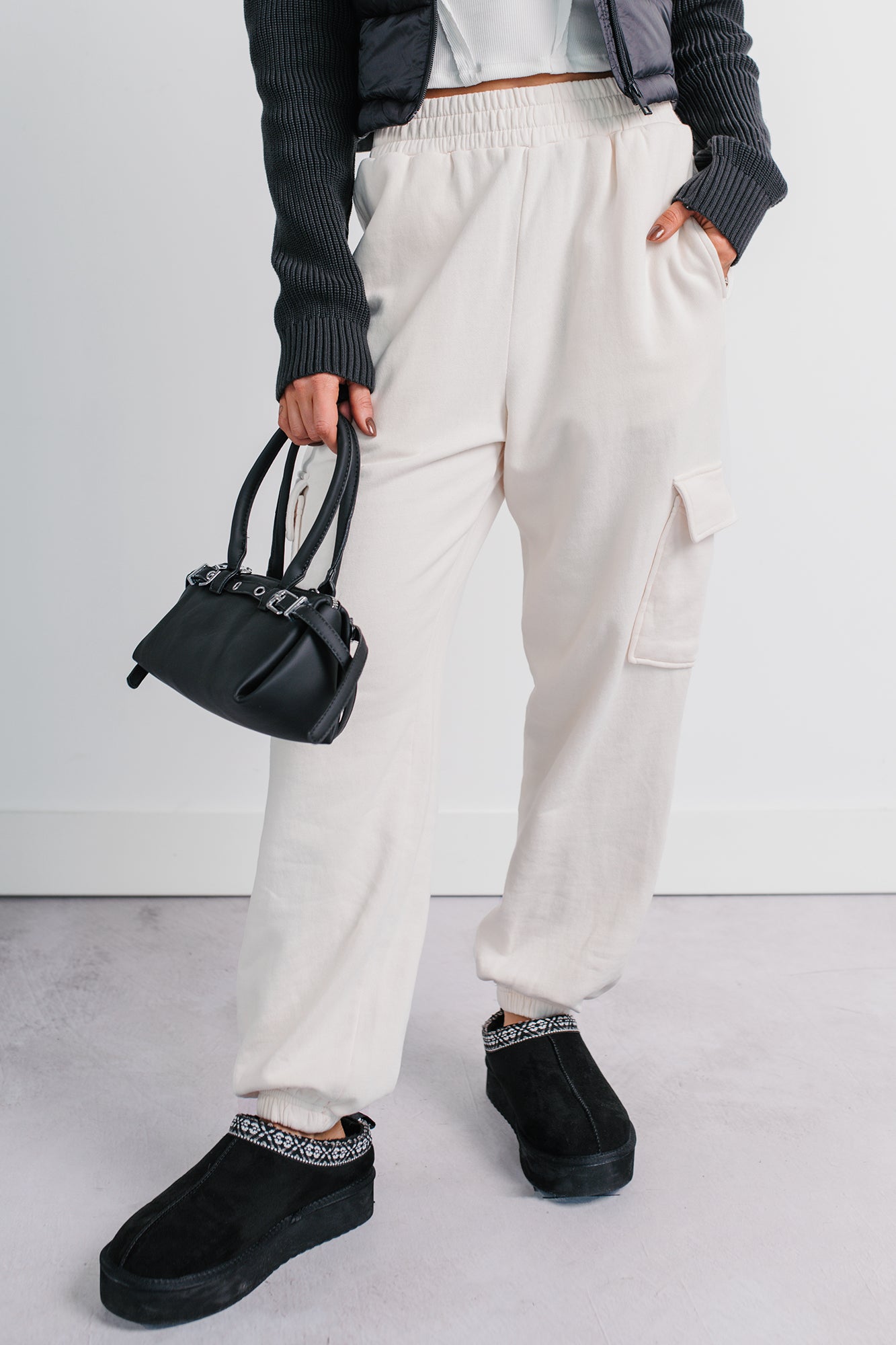 Practicing Patience Fleece Cargo Joggers (Ivory) - NanaMacs