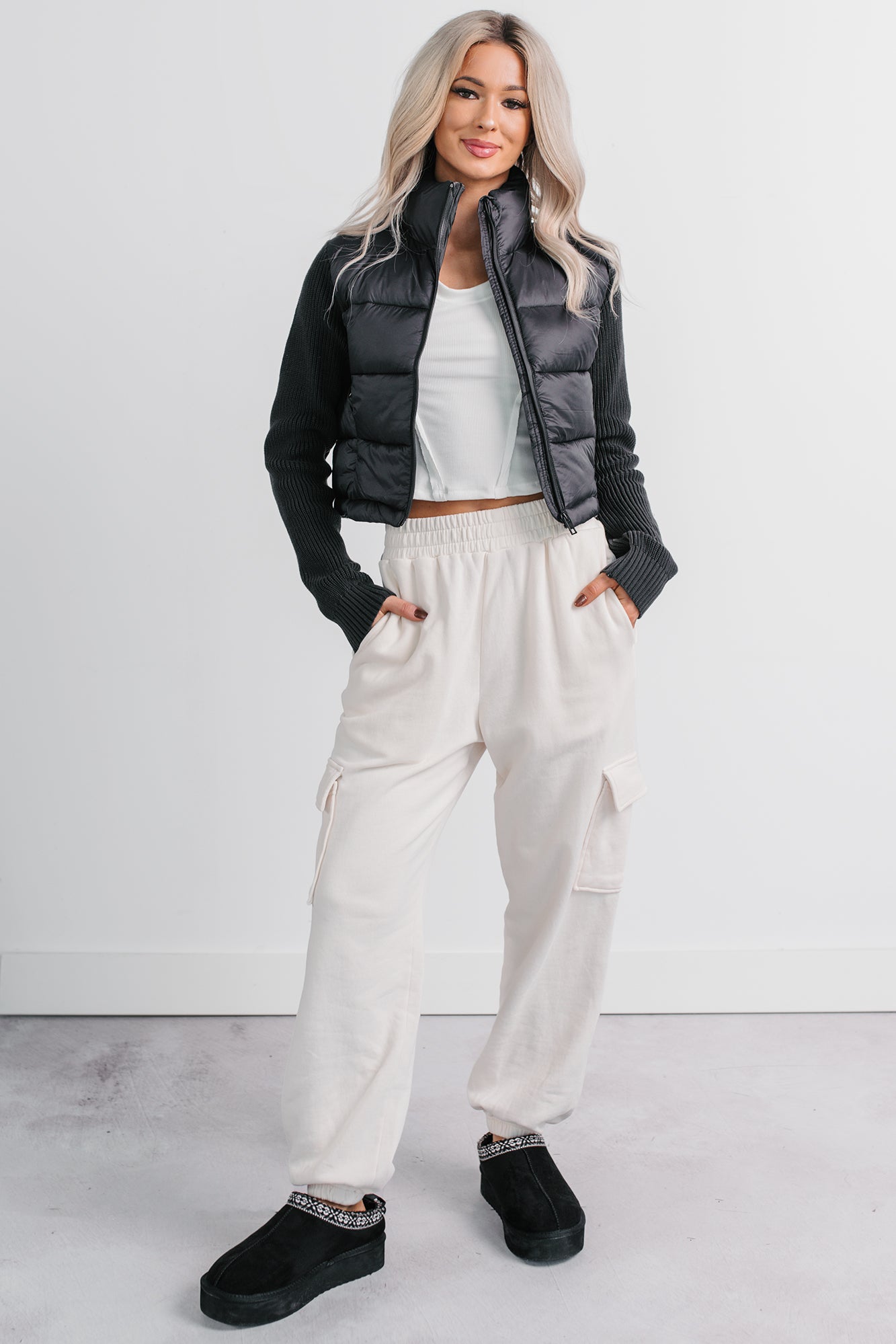 Practicing Patience Fleece Cargo Joggers (Ivory) - NanaMacs