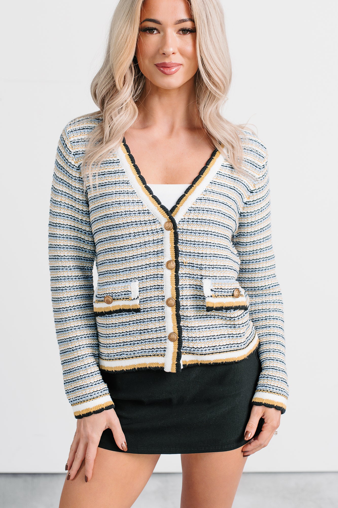 Evening In Striped Knit Cardigan (Navy/White Stripe) - NanaMacs