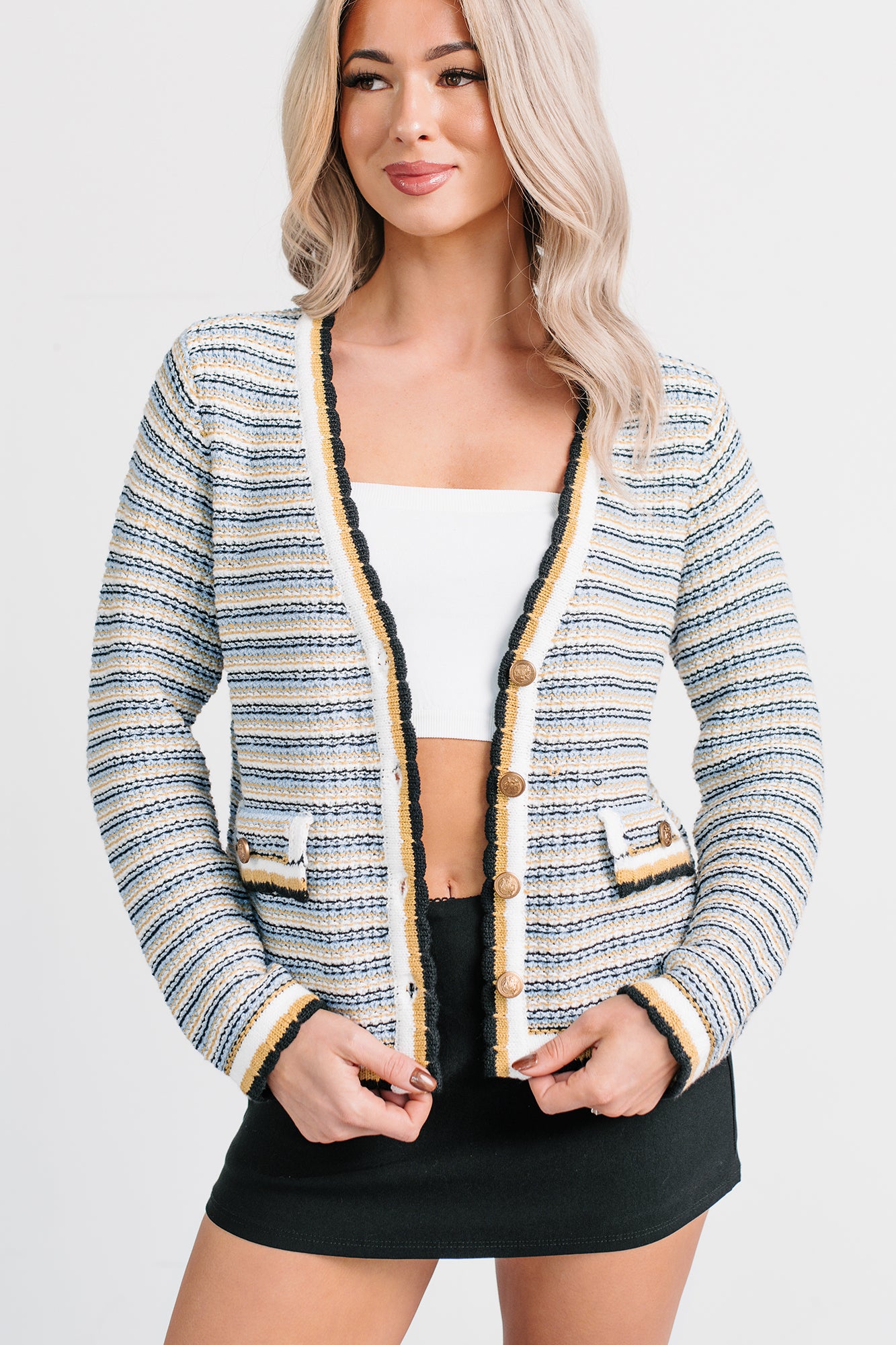 Evening In Striped Knit Cardigan (Navy/White Stripe) - NanaMacs