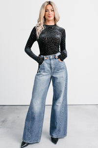 Wild Tease Long Sleeve Leopard Bodysuit (Black) - NanaMacs