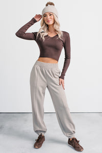 Born Sweet V Neck Ribbed Knit Top (Dark Brown) - NanaMacs