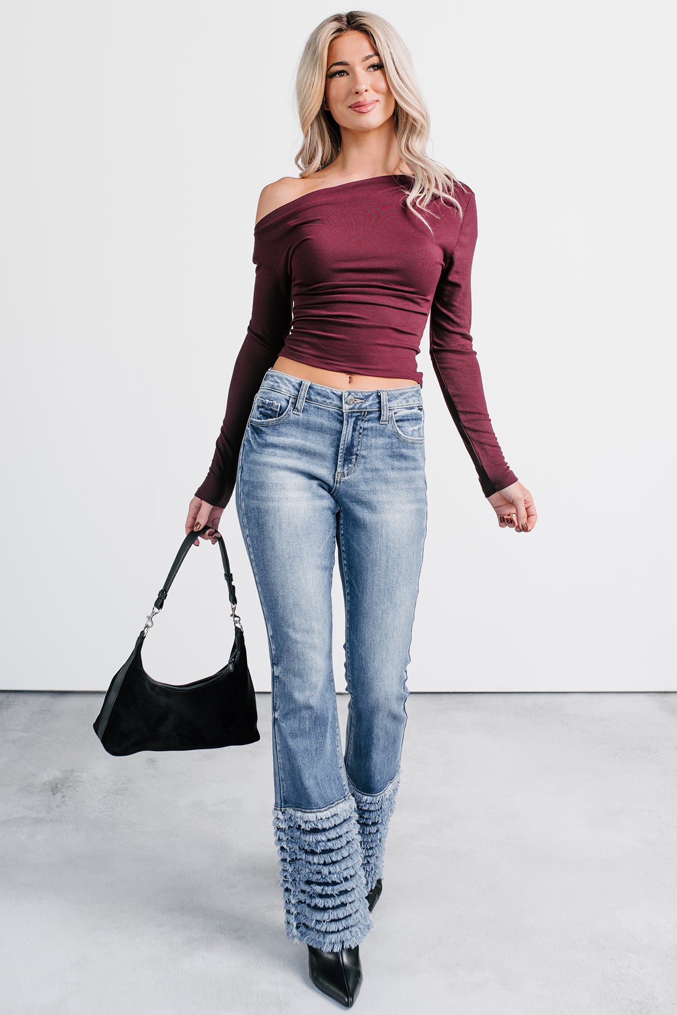 Vera Mid Rise Frayed Hem Cello Flare Jeans (Medium)