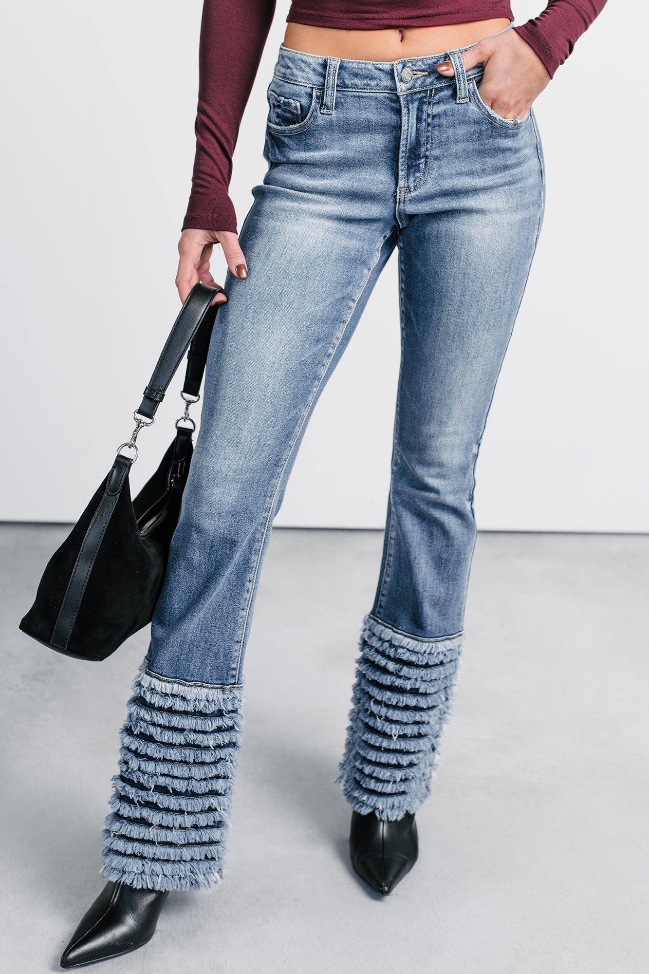 Vera Mid Rise Frayed Hem Cello Flare Jeans (Medium) - NanaMacs