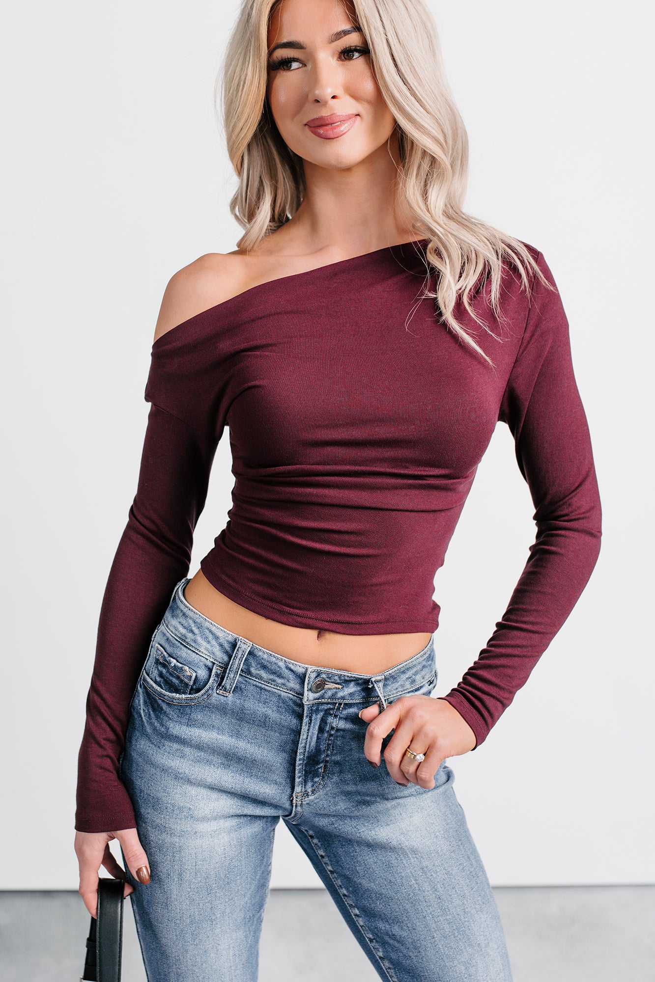 On My Side Asymmetrical Ruched Top (Wine) - NanaMacs