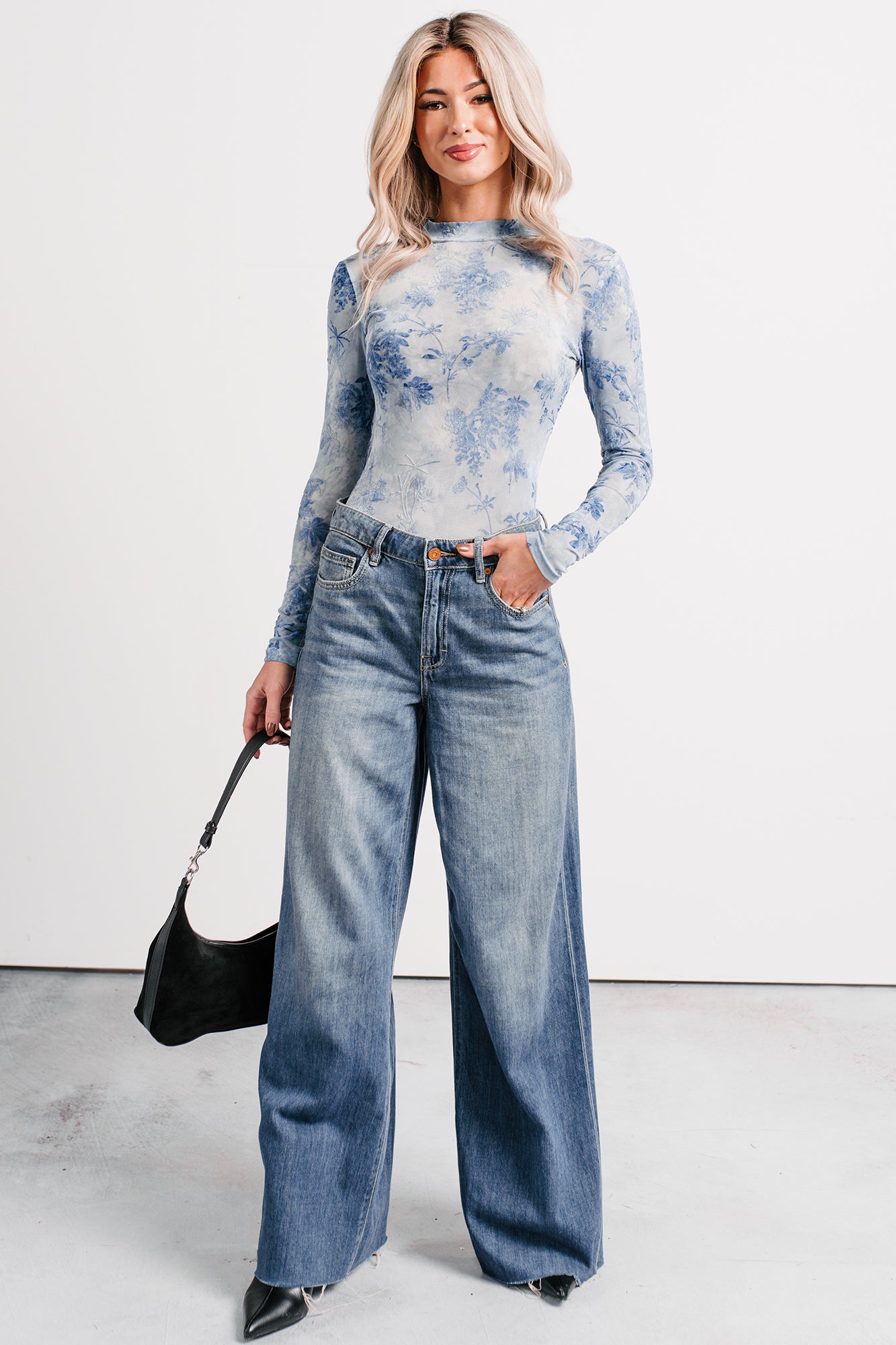 Purely Pretty Floral Print Mesh Bodysuit (Blue) - NanaMacs