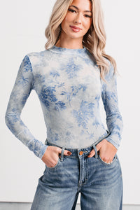 Purely Pretty Floral Print Mesh Bodysuit (Blue) - NanaMacs