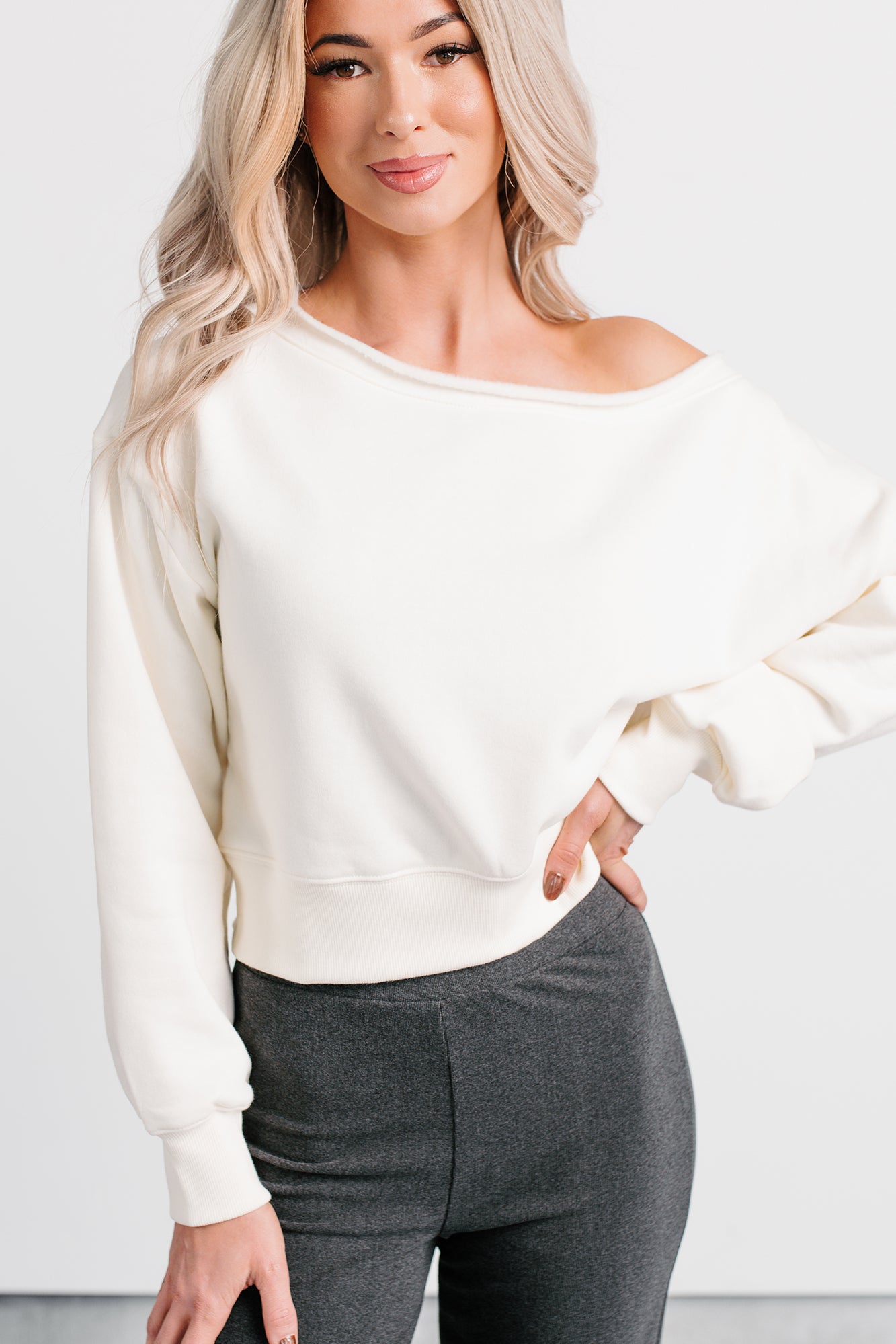 Hearts Full Long Sleeve Boat-Neck Sweater (Cream) - Ships by 12/12