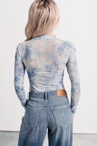 Purely Pretty Floral Print Mesh Bodysuit (Blue) - NanaMacs