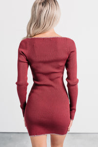 Out Of Nowhere Contrast Stitch Mini Sweater Dress (Burgundy) - NanaMacs