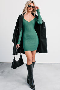Weekend Ready Deep V-Neck Mini Dress (Hunter Green) - NanaMacs