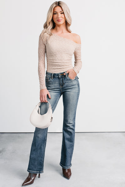 Charming Daydream Lace Off The Shoulder Top (Taupe) - NanaMacs