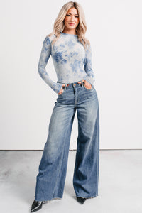 Purely Pretty Floral Print Mesh Bodysuit (Blue) - NanaMacs