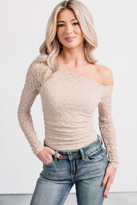 Charming Daydream Lace Off The Shoulder Top (Taupe) - NanaMacs