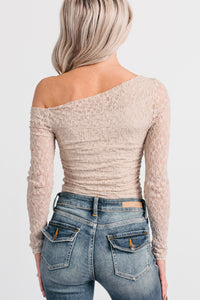 Charming Daydream Lace Off The Shoulder Top (Taupe) - NanaMacs